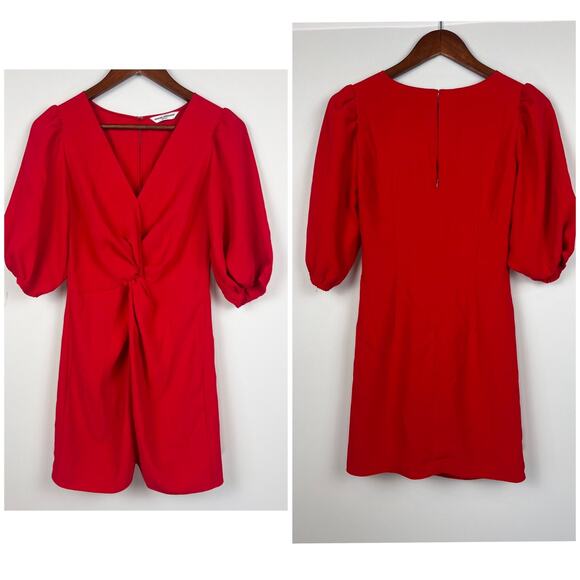 Amanda Uprichard Red Puff Sleeve Knot Front S Mini Dress Women's V-Neck Cocktail - Picture 2 of 9
